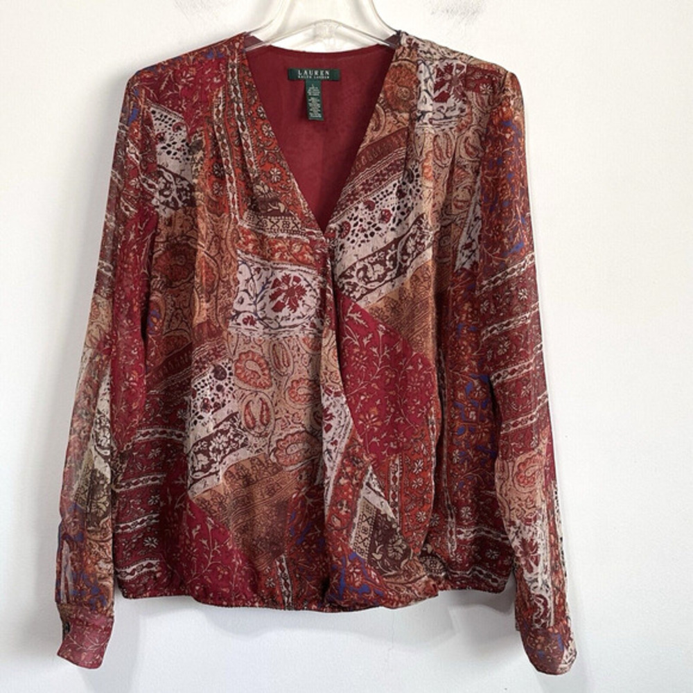 Lauren Ralph Lauren Surplice Top Blouse L Patchwork‎ Elastic Waist Sheer Sleeve